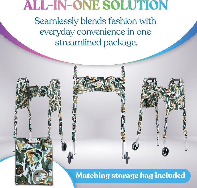 Jover – Walker Covers (Happy Camper) – Colorful Fabric Cover for Standard Folding Walker Mobility Aid with Pockets, Easy Fit Senior Walker Accessories, Washable Polyester, + Matching Storage Bag - Image 3